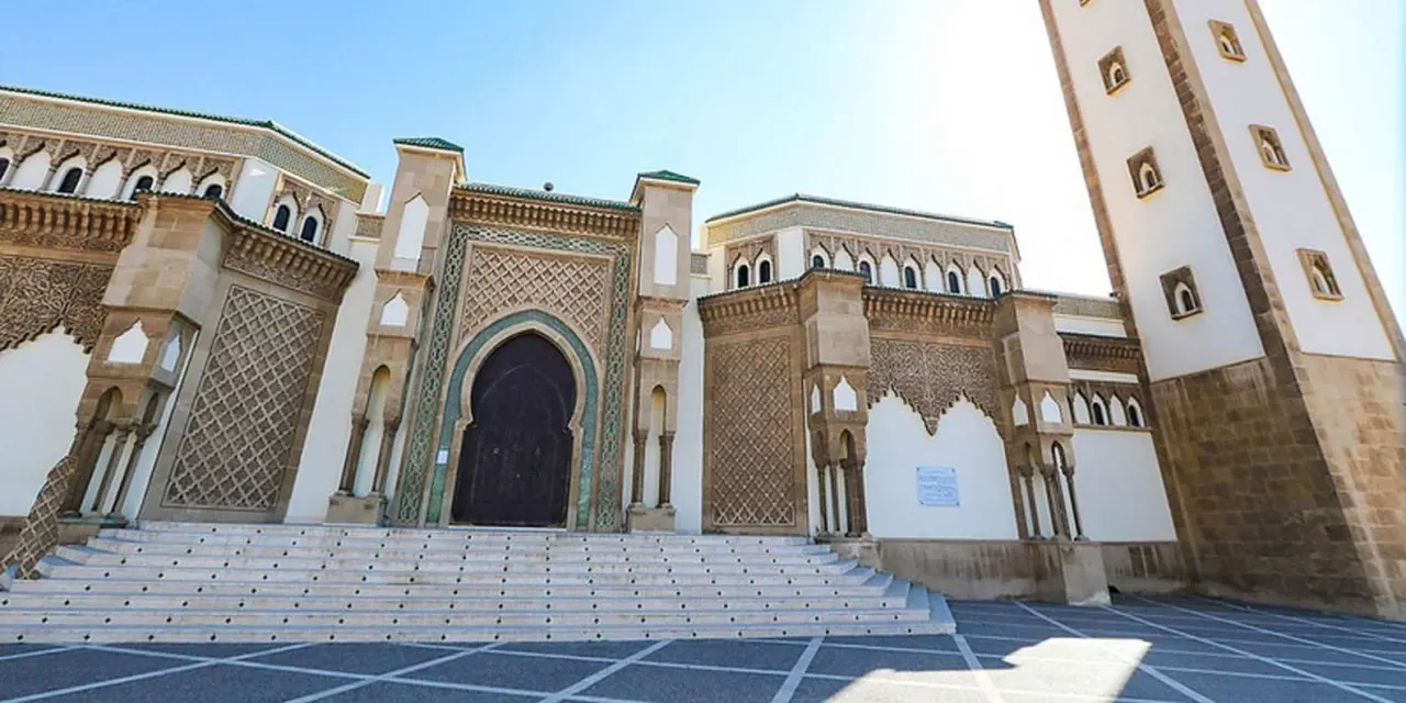 Mohammed V Mosque gate with blue zellige tilework in Agadir, Morocco