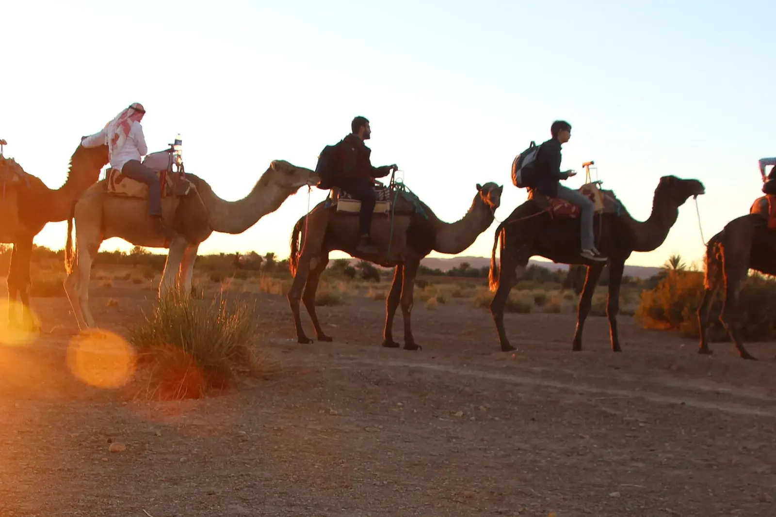 Camel riders crossing desert sand dunes at sunset