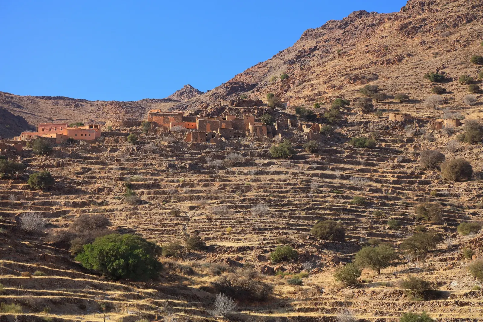 Pink granite boulders and Berber villages in the Ameln valley near Tafraout